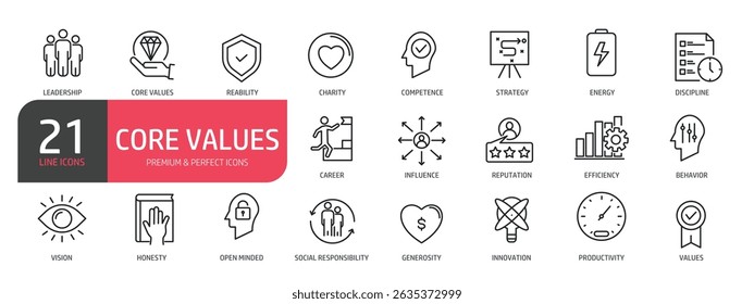 Set of line icons related to core values, leadership, competence, reputation. Outline icons collection. Vector illustration.