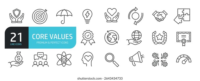 Conjunto de ícones de linha relacionados a valores fundamentais, criatividade, negócios, visão. Coleção de ícones de tópicos. Ilustração vetorial