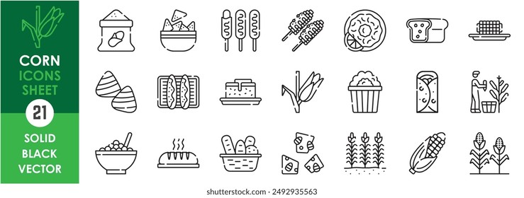 A set of line icons related to corn. Corn, maize, sweet, leaf, cereal, seed, popcorn, harvest, agriculture, cake, bread, and so on. Vector outline icons set.