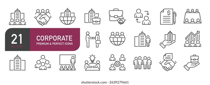 Set of line icons related to coroporate, business, marketing, entrepreneur. Outline icons collection. Vector illustration