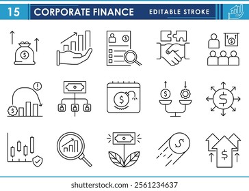 A set of line icons related to Corporate finance. Capital budgeting, Financial modeling, Valuation, Corporate strategy, Risk management, Equity financing, Leverage, and so on. Vector editable stroke.