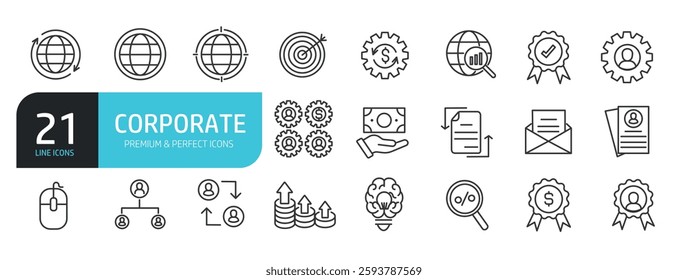Set of line icons related to corporate, business. Outline icons collection. Vector illustration