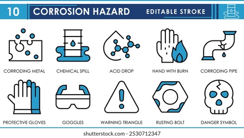 Um conjunto de ícones de linha relacionados ao Risco de corrosão. Corroding, metal, química, ácido, mão queima, tubo, proteção, e assim por diante. Traçado editável de vetor.