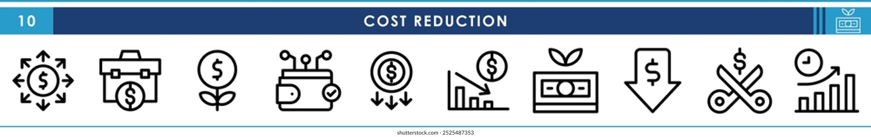 Um conjunto de ícones de linha relacionados à Redução de custos. Custo, cortar, distribuir, reduzir, lucrar, investir e assim por diante. Traçado editável de vetor.