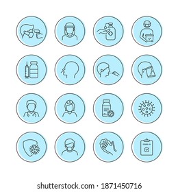 Set of line icons related to COVID-19 pandemic isolated on white background. Vector illustration