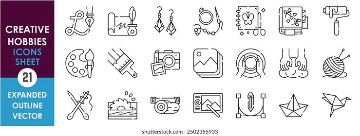 A set of line icons related to Creative Hobbies. Painting, photography, calligraphy, origami, jewelry making, woodworking, knitting, scrapbooking and so on. Vector outline icons set.