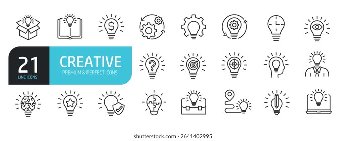 Set of line icons related to creative, idea, knowledge, bulb. Outline icons collection. Vector illustration