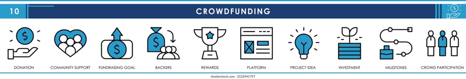 Un conjunto de iconos de línea relacionados con Crowdfunding. Donación, Asistencia comunitaria, recompensas, hitos, participación, plataforma, etc. Vector de trazo editable.