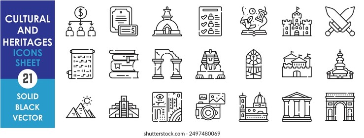 A set of line icons related to Cultural and Heritages. Temple, religions, mosque, Church, buildings, texts, books, tourism and so on. Vector outline icons set.