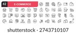 Set of line icons related to customer, shopping, retail store, online shop, cart, delivery, payment, truck. Outline icons collection. Vector illustration