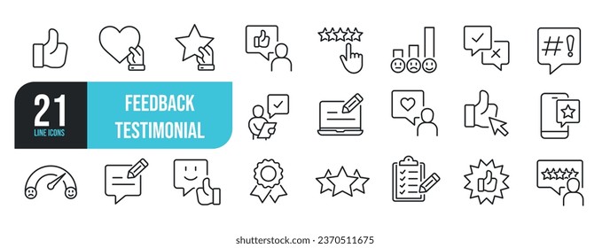 Set of line icons related to customer satisfication, feedback, testimonial, rating. Outline icons collection. Vector illustration.