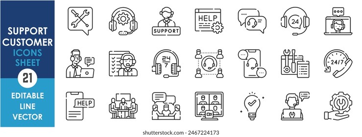 A set of line icons related to customer care and support. Support, care, call, assist, help, digital, conversation, idea and so on. Vector outline icons set.