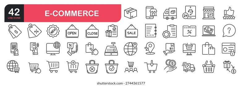Set of line icons related to customer, shopping, retail store, online shop, cart, delivery, payment, truck, discount. Outline icons collection. Vector illustration