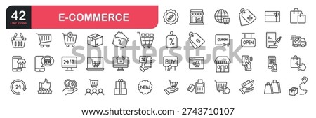 Set of line icons related to customer, shopping, retail store, online shop, cart, delivery, payment, truck. Outline icons collection. Vector illustration