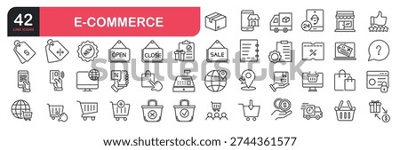 Set of line icons related to customer, shopping, retail store, online shop, cart, delivery, payment, truck, discount. Outline icons collection. Vector illustration