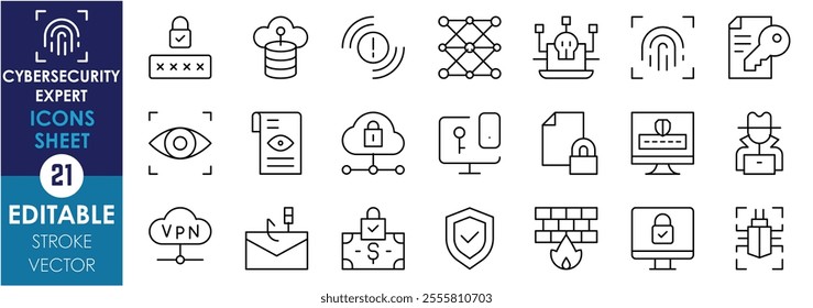 A set of line icons related to Cybersecurity Expert. Password, cloud security, network, alert, biometric, security, hacker, malware, and so on. Vector editable stroke.