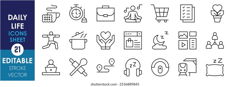 Un conjunto de iconos de línea relacionados con la vida diaria. Desayuno, limpieza, trabajo, meditación, relajación, cuidado personal, sueño, social, ejercicio, cocinero, etc. Vector de trazo editable.