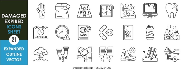 A set of line icons related to Damaged and Expired. Ruin, disaster, expire, outdated, hand, war, shatter, medicine, laptop, leak, shoe, and so on. Vector outline icons set.