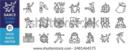 A set of line icons related to dance. Movement, belly, couple, single, traditional, music, dress, disco, fire, steps and so on. Vector outline icons set.