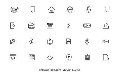Set of line icons related to data exchange, traffic, files, cloud, server. Outline icon collection. Editable stroke. Vector illustration