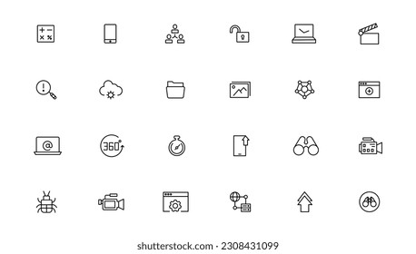 Conjunto de iconos de línea relacionados con el intercambio de datos, tráfico, archivos, nube, servidor. Colección de iconos de esquema. Trazo editable. Ilustración del vector