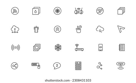 Set of line icons related to data exchange, traffic, files, cloud, server. Outline icon collection. Editable stroke. Vector illustration