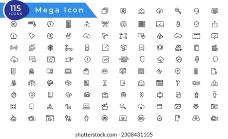 Set of line icons related to data exchange, traffic, files, cloud, server. Outline icon collection. Editable stroke. Vector illustration
