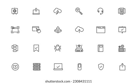 Set of line icons related to data exchange, traffic, files, cloud, server. Outline icon collection. Editable stroke. Vector illustration