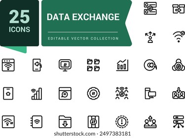 Set of line icons related to data exchange, traffic, files, cloud, server. Minimalist thin linear web ui icon set. Simple editable vector stroke illustration.