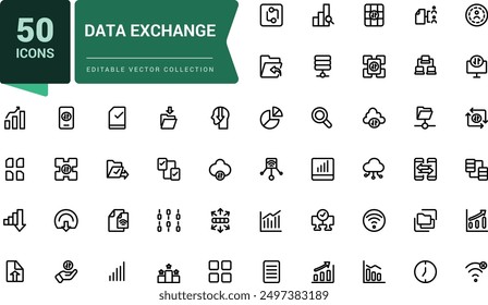 Conjunto de iconos de línea relacionados con el intercambio de datos, tráfico, archivos, nube, servidor. Conjunto de iconos de ui de Web lineal delgado minimalista. Ilustración de trazo de Vector editable simple.