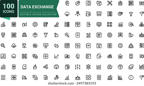 Conjunto de iconos de línea relacionados con el intercambio de datos, tráfico, archivos, nube, servidor. Conjunto de iconos de ui de Web lineal delgado minimalista. Ilustración de trazo de Vector editable simple.