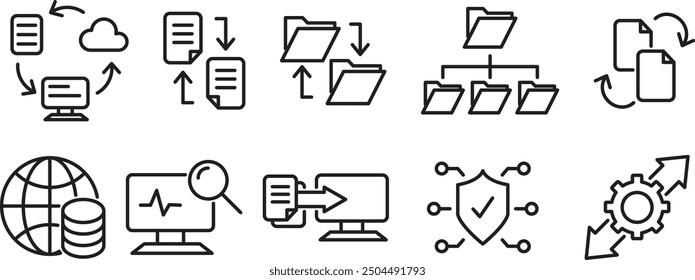 Conjunto de iconos de línea relacionados con el intercambio de datos, tráfico, archivos, nube, servidores. Conjunto de iconos de esquema. Establezca el icono de análisis de datos. Ilustración vectorial