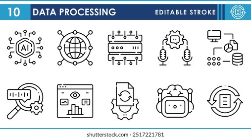 A set of line icons related to Data Processing. Data, server, mining, machine learning, internet, analysis, and so on. Vector editable stroke.