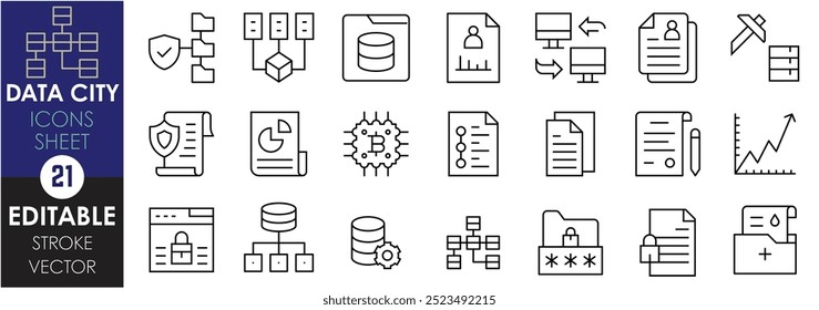 A set of line icons related to Data City. Datafication, data, digital, paper, record, mining, database, technology, statistical, medical, computer, and so on. Vector editable stroke.