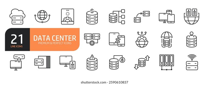 Set of line icons related to data center, server, cloud computing, security, hosting and more. Outline icons collection.Vector illustration.