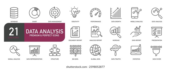 Set of line icons related to data analysis, report, database. Outline icons collection. Vector illustration