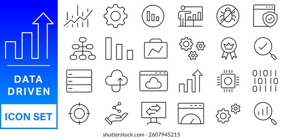 A set of line icons related to Data Analysis. Data, digital, graph, analyze, surplus, growth, research, loss, business, security, and so on. Vector editable stroke.