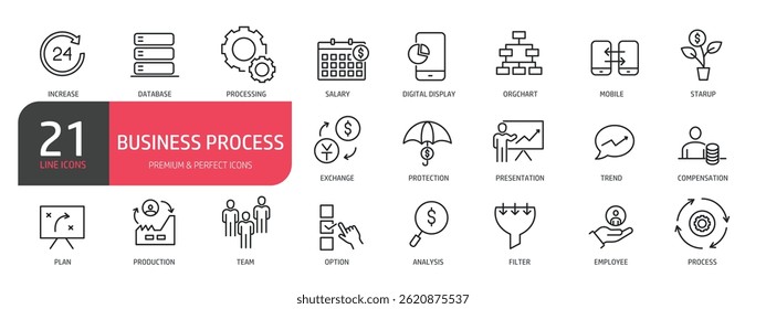 Set of line icons related to data system, project, award, document management. Outline icons collection. Vector illustration.