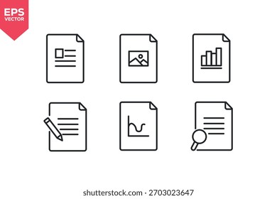 Conjunto de ícones de linha relacionados à folha de dados, documento de imagem, relatório de gráfico de barras, gravação, dados de tendência, arquivo de revisão.  Traçado editável. Ilustração vetorial