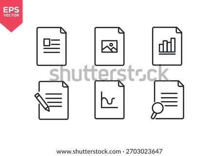 Set of line icons related to data sheet, image document, bar chart report, writing, trend data, review file.  Editable stroke. Vector illustration
