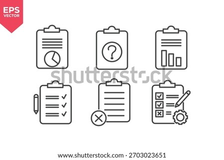Set of line icons related to data analysis. information request, statistical report, editing checklist, list rejected, process setting. Editable stroke. Vector illustration