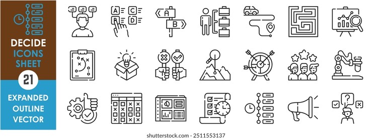 A set of line icons related to Decide. Decision making, plan, strategy, map, job, ways, dilemma, doubt, goal, idea, experience, and so on. Vector outline icons set.