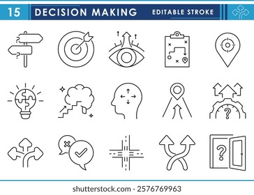 A set of line icons related to Decision Making. Decide, way, path, success, brain, innovative, idea, strategy, target, and so on. Vector editable stroke.