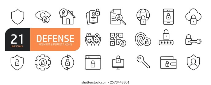 Set of line icons related to Defense, security, protection, shield and more. Outline icons collection.Vector illustration.