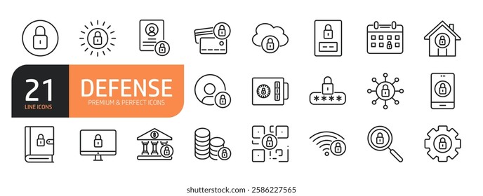 Set of line icons related to Defense, security, protection, and more. Outline icons collection.Vector illustration.