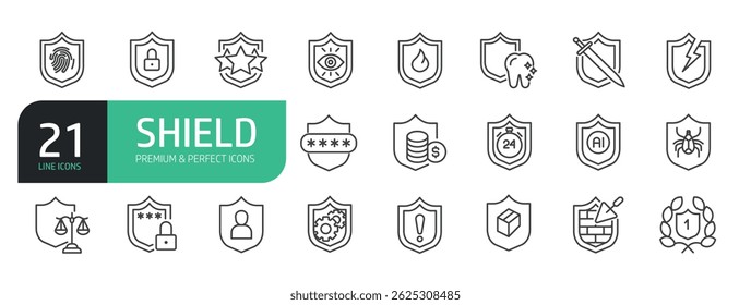 Set of Line Icons Related to Defense, Security, Protection, Secure, Shield.