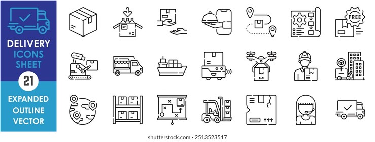 A set of line icons related to Delivery. Deliver, ship, cargo, shipment, free, business, package, drone, robot, online, location, and so on. Vector outline icons set.