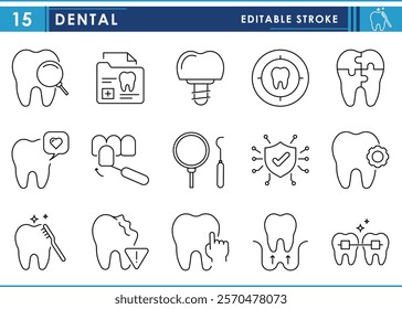 A set of line icons related to Dental. Tooth, report, damaged, care, dentist, pluck, and so on. Vector editable stroke.