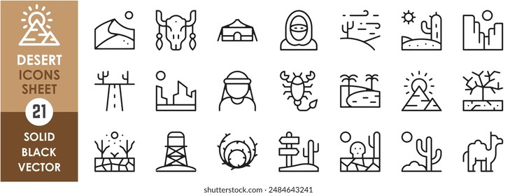 A set of line icons related to desert lifestyle. Desert, sand, dunes, insects, animals, camel, oasis, nomads, drought, skull, cactus and so on. Vector outline icons set.