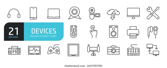 Conjunto de ícones de linha relacionados a dispositivo, gadget, eletrônico. Coleção de ícones de tópicos. Ilustração vetorial